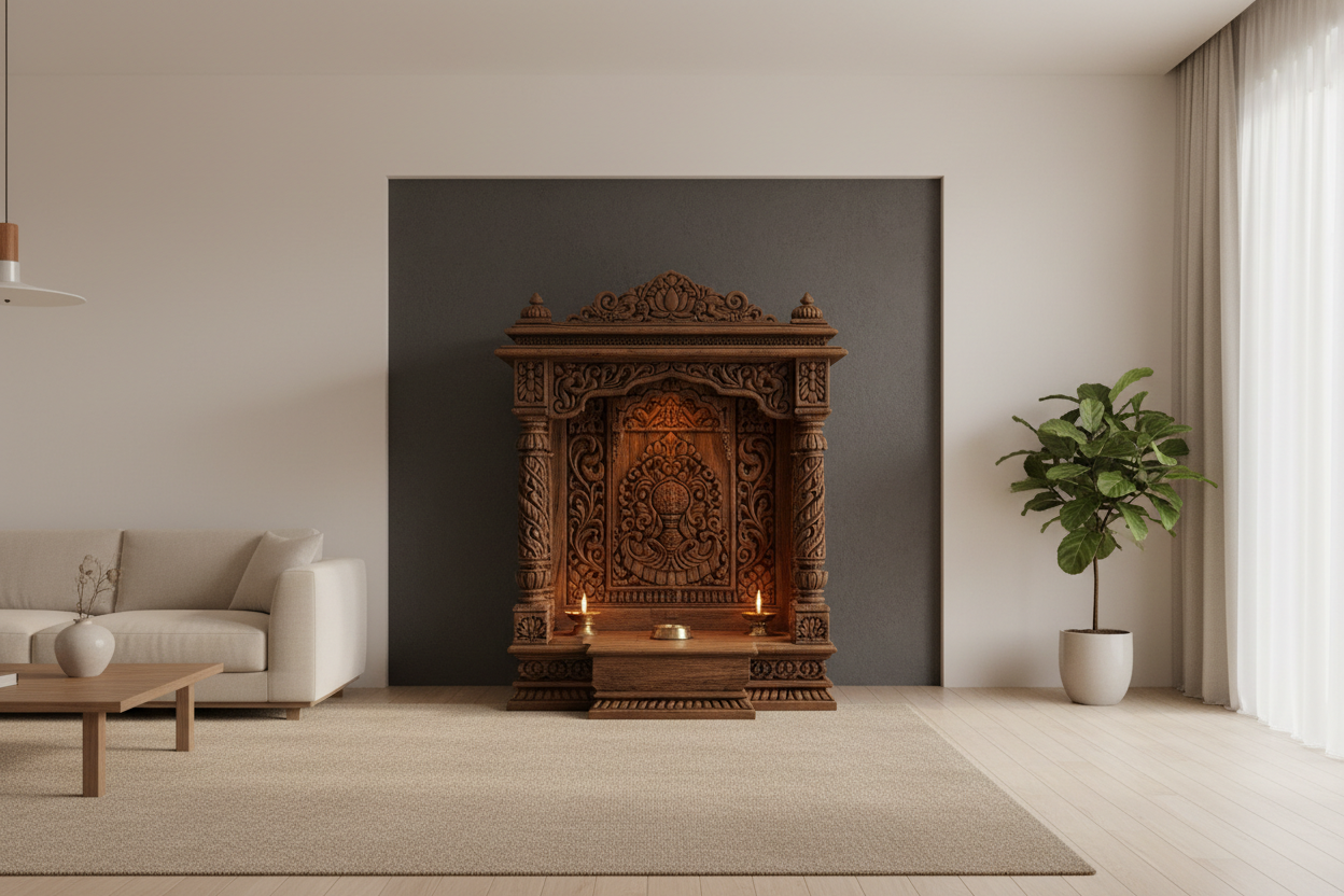 A premium wooden temple unit inside a calm, modern home

Soft diya lighting for warmth and spirituality

Neutral tones (ivory, beige, natural wood) and middle portion white letters will appear so image should be match for white text in the middle


Elegant, peaceful atmosphere suitable for a homepage slider