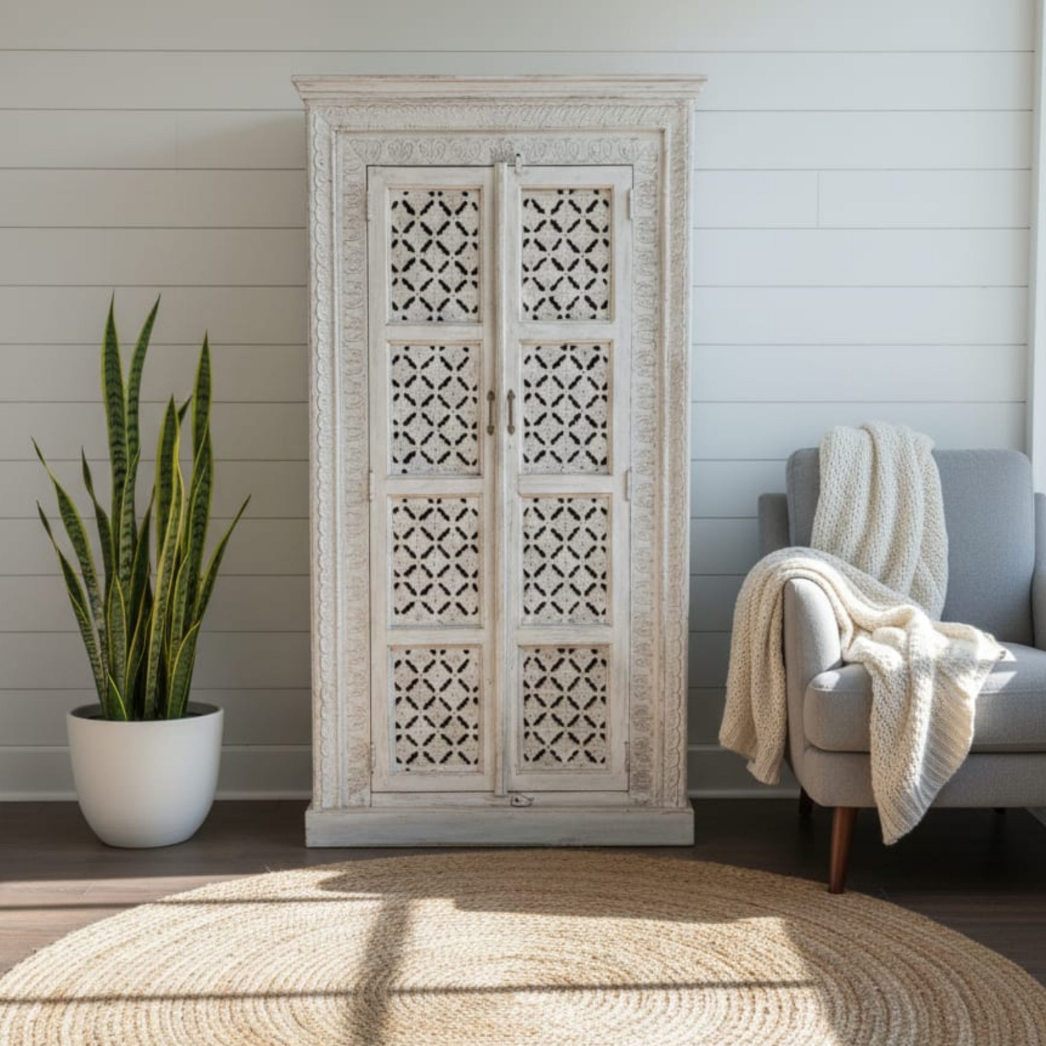 Hand-Carved White Solid Wood Wardrobe