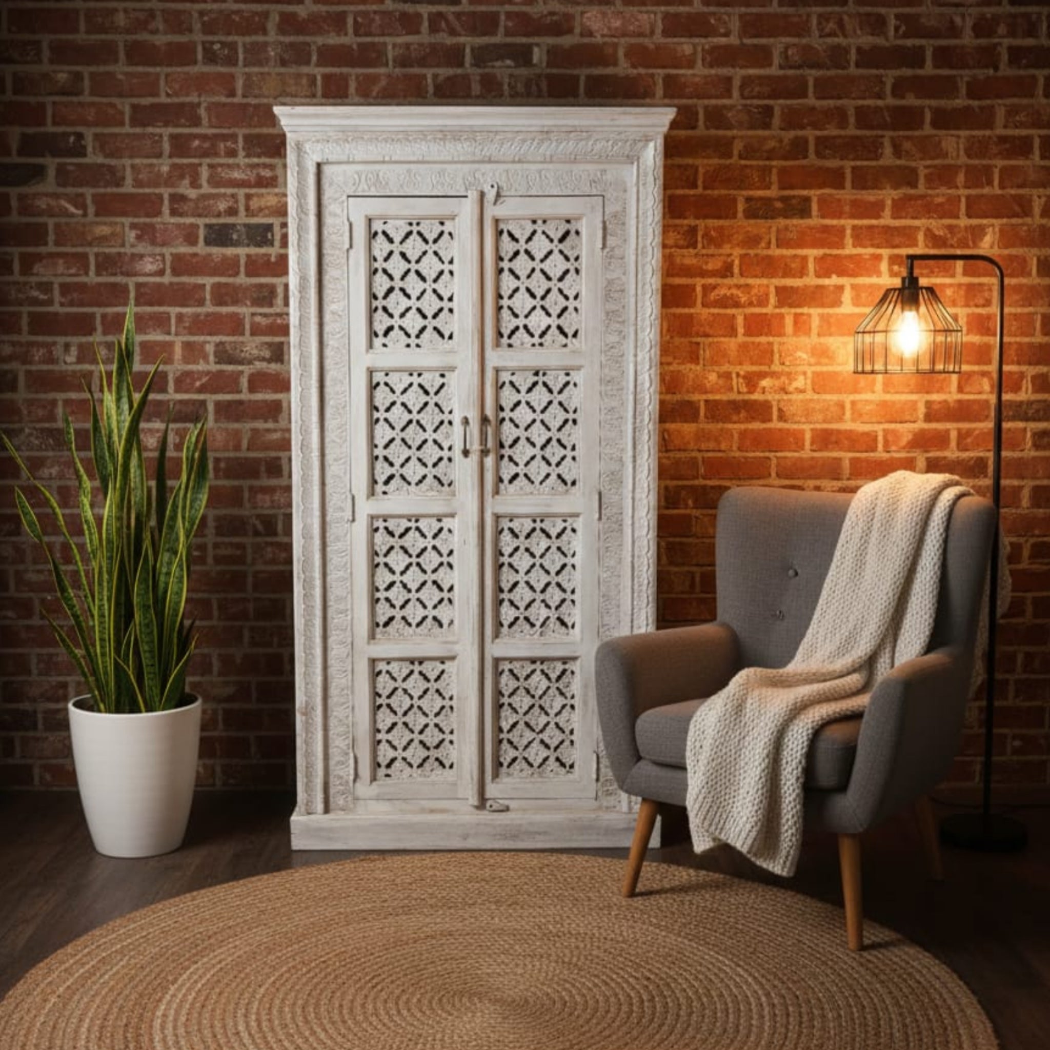 Hand-Carved White Solid Wood Wardrobe