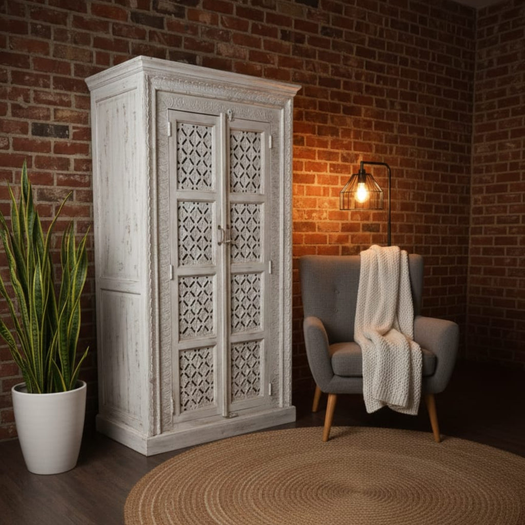 Hand-Carved White Solid Wood Wardrobe