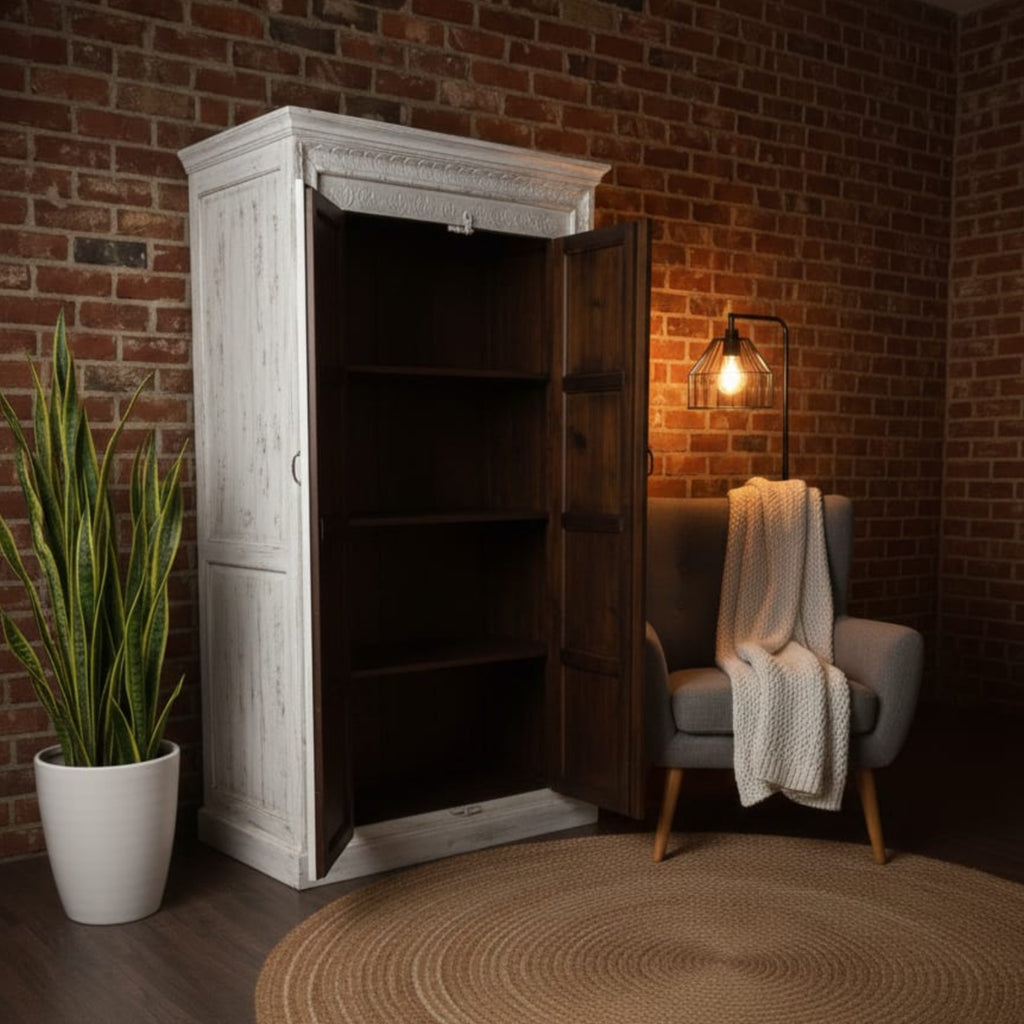 Hand-Carved White Solid Wood Wardrobe