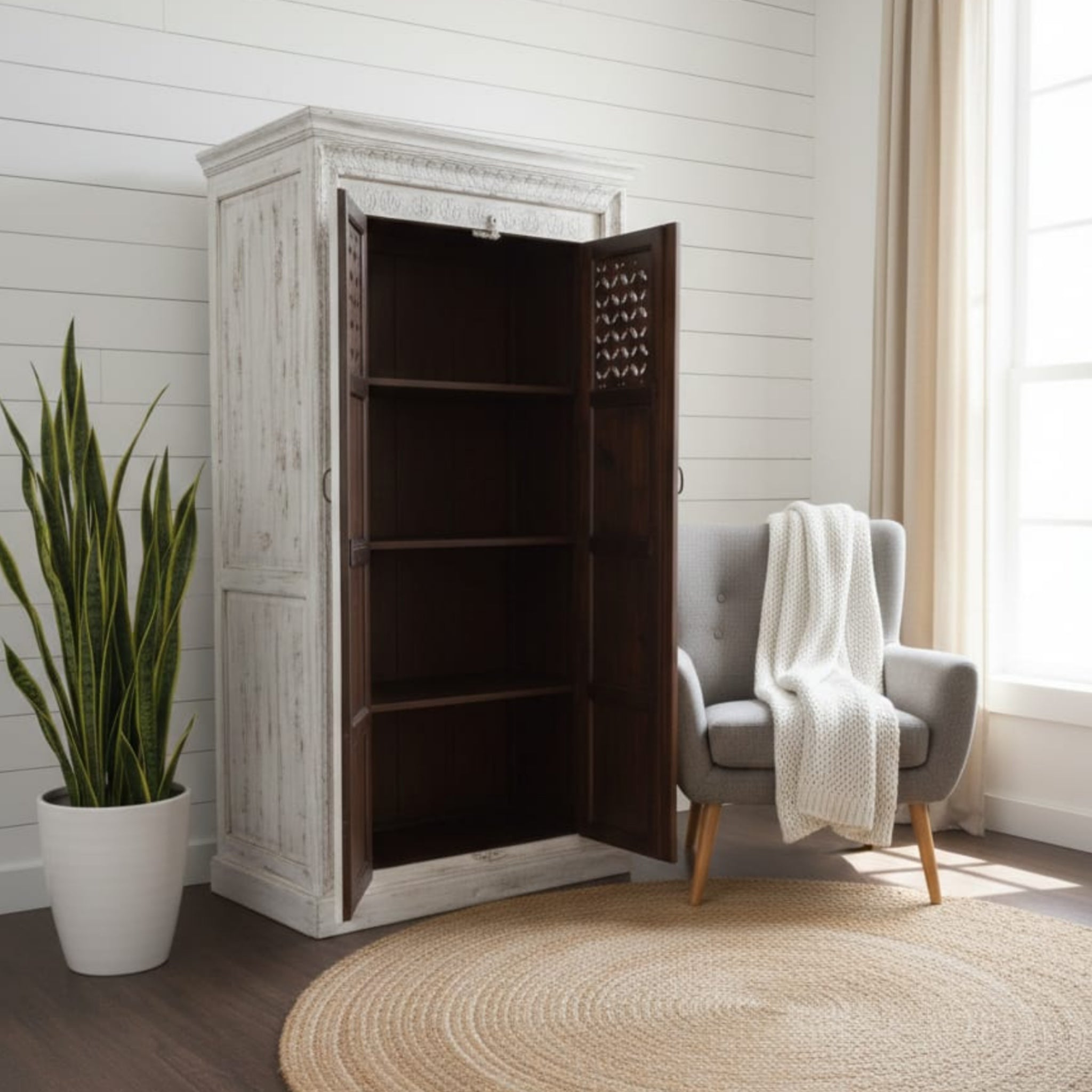 Hand-Carved White Solid Wood Wardrobe