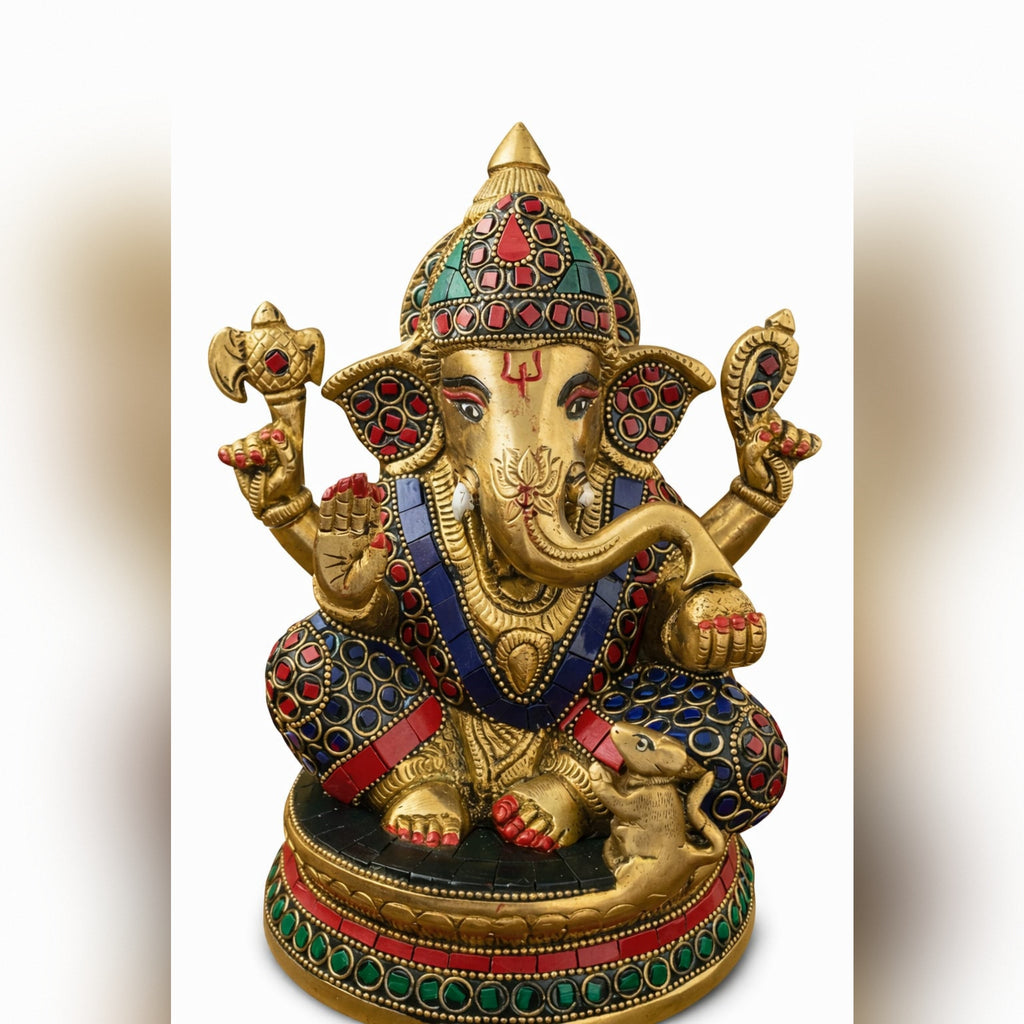 BRASS AND STONE FITTED GANESH IDOL