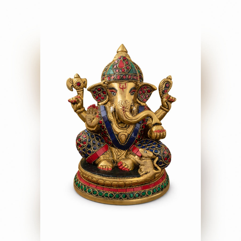 BRASS AND STONE FITTED GANESH IDOL
