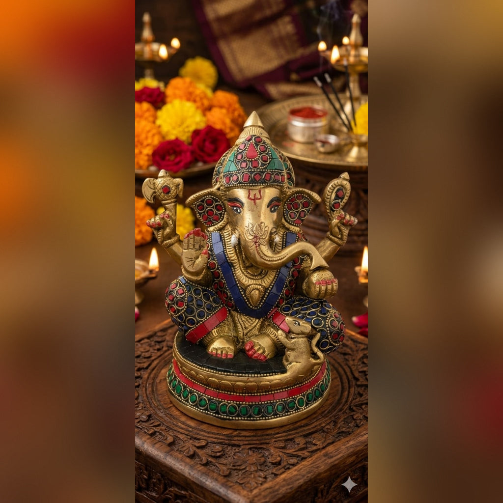 BRASS AND STONE FITTED GANESH IDOL