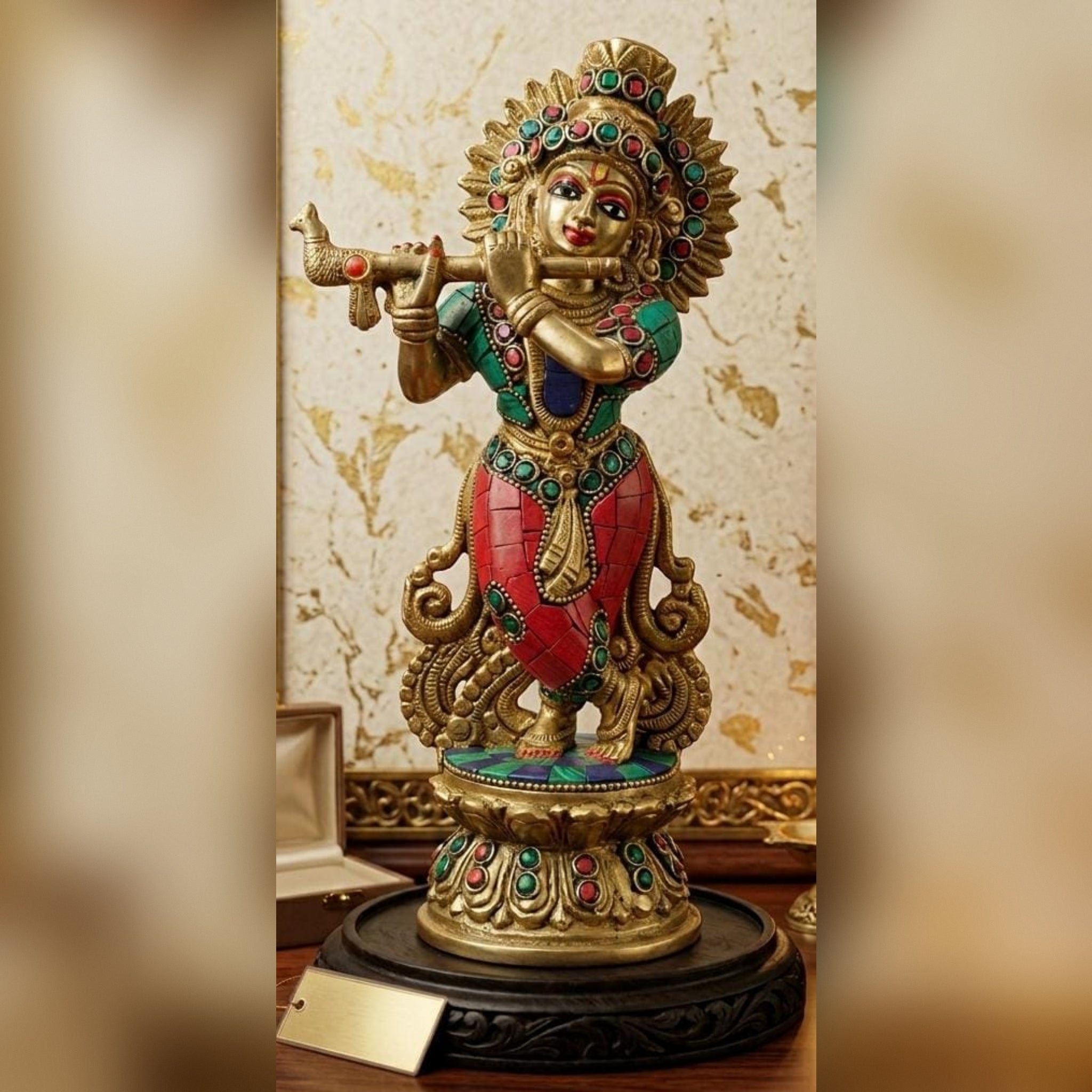 Brass Stone Krishna Idol