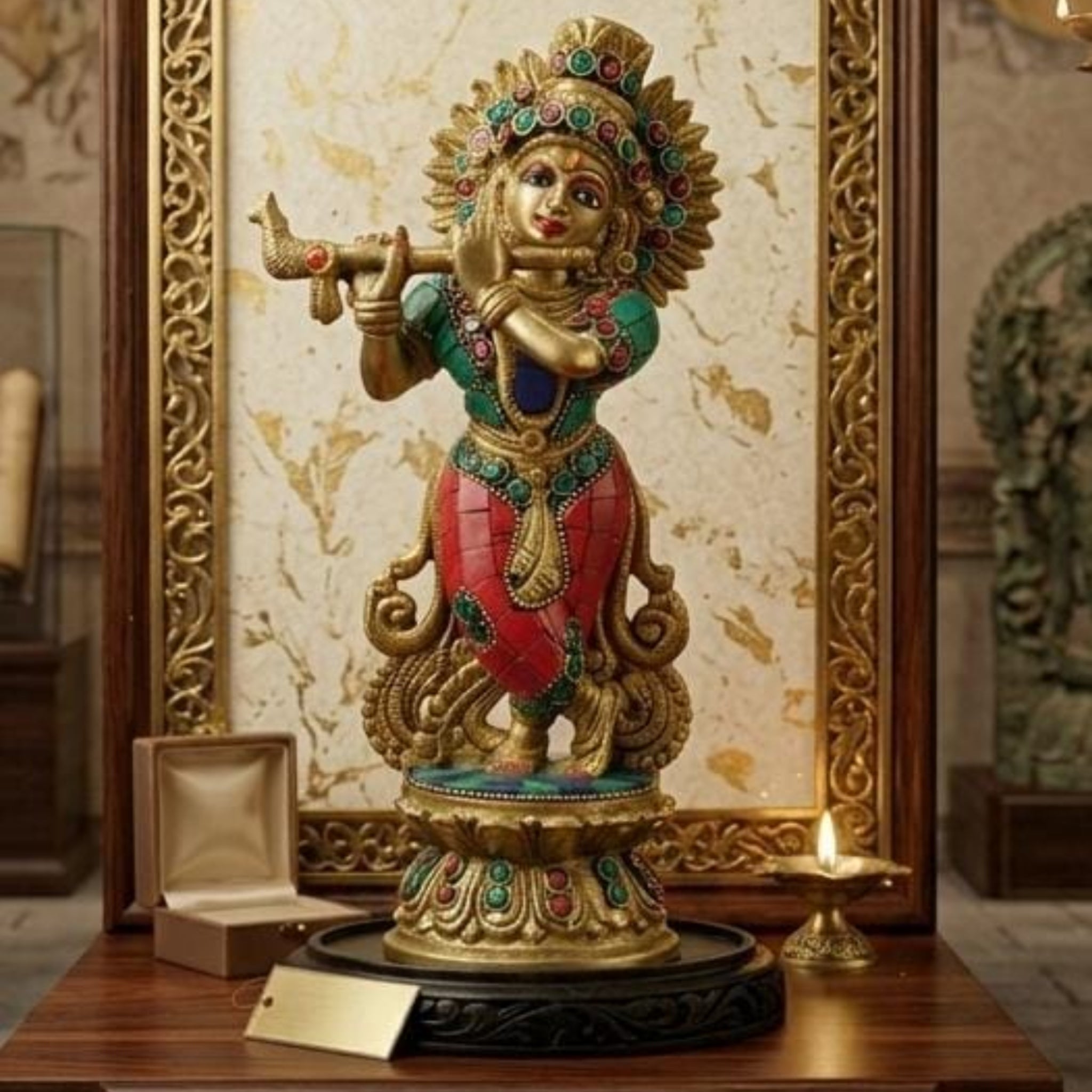 Brass Stone Krishna Idol