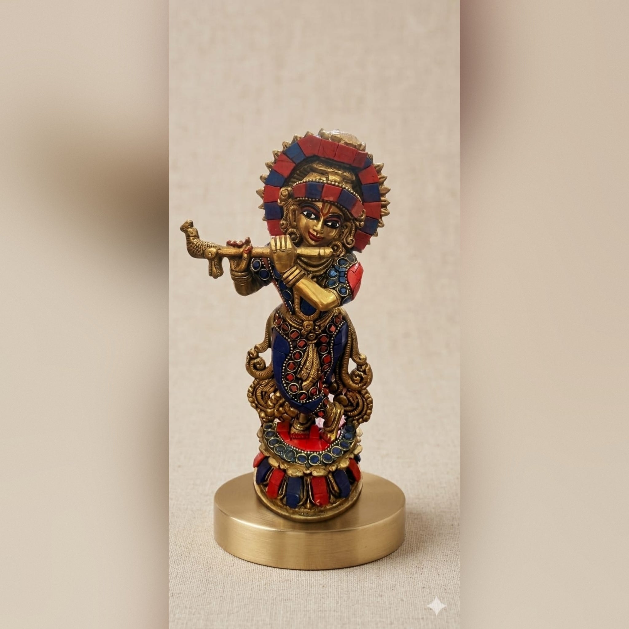 Brass Stone Krishna Idol