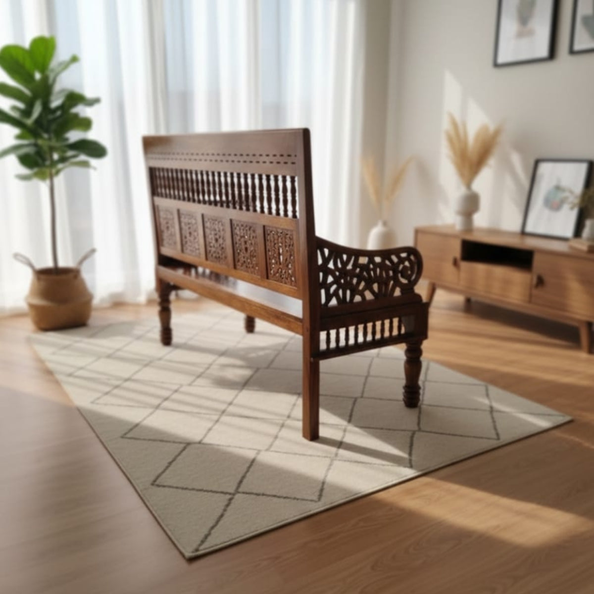 Hand-Carved Sheesham Wood 2-Seater Sofa