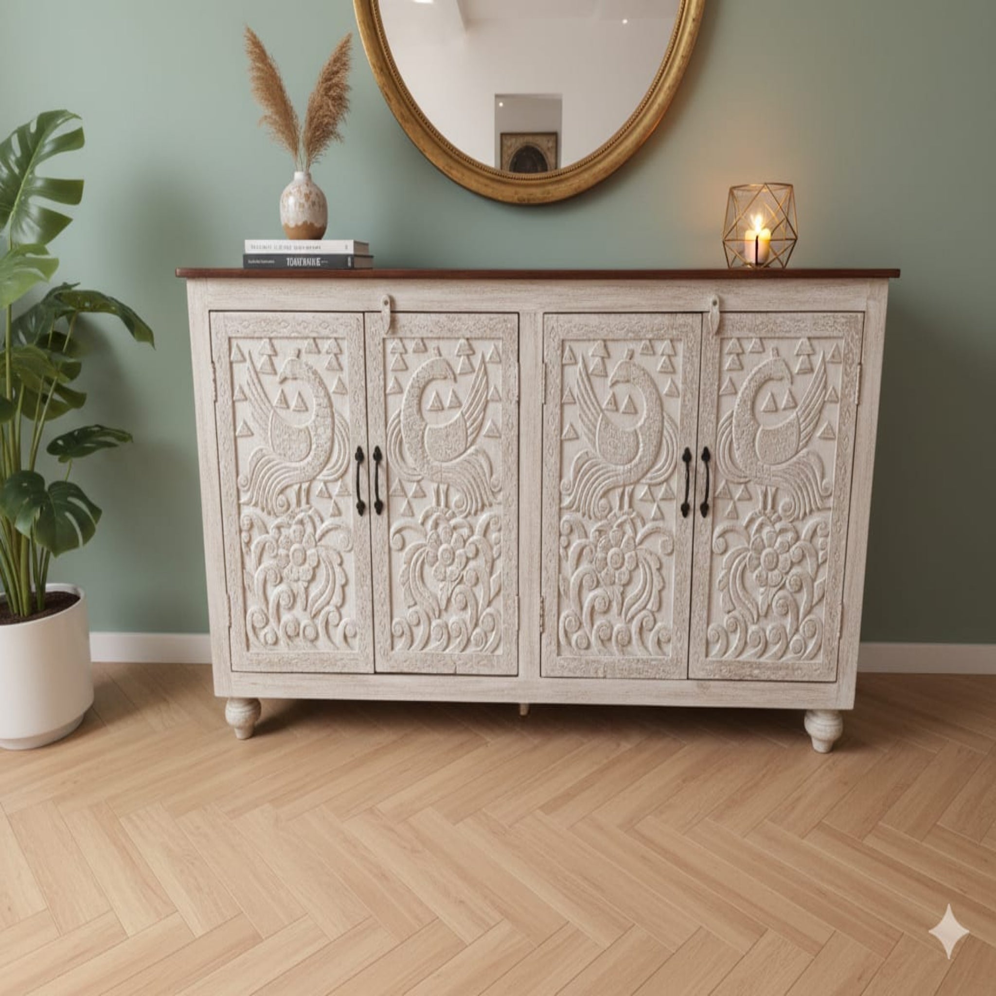 Hand-Carved Peacock Medallion Sideboard