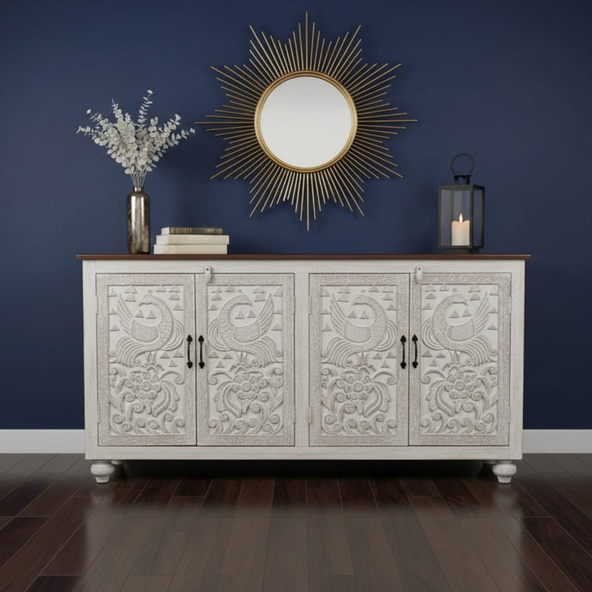 Hand-Carved Peacock Medallion Sideboard