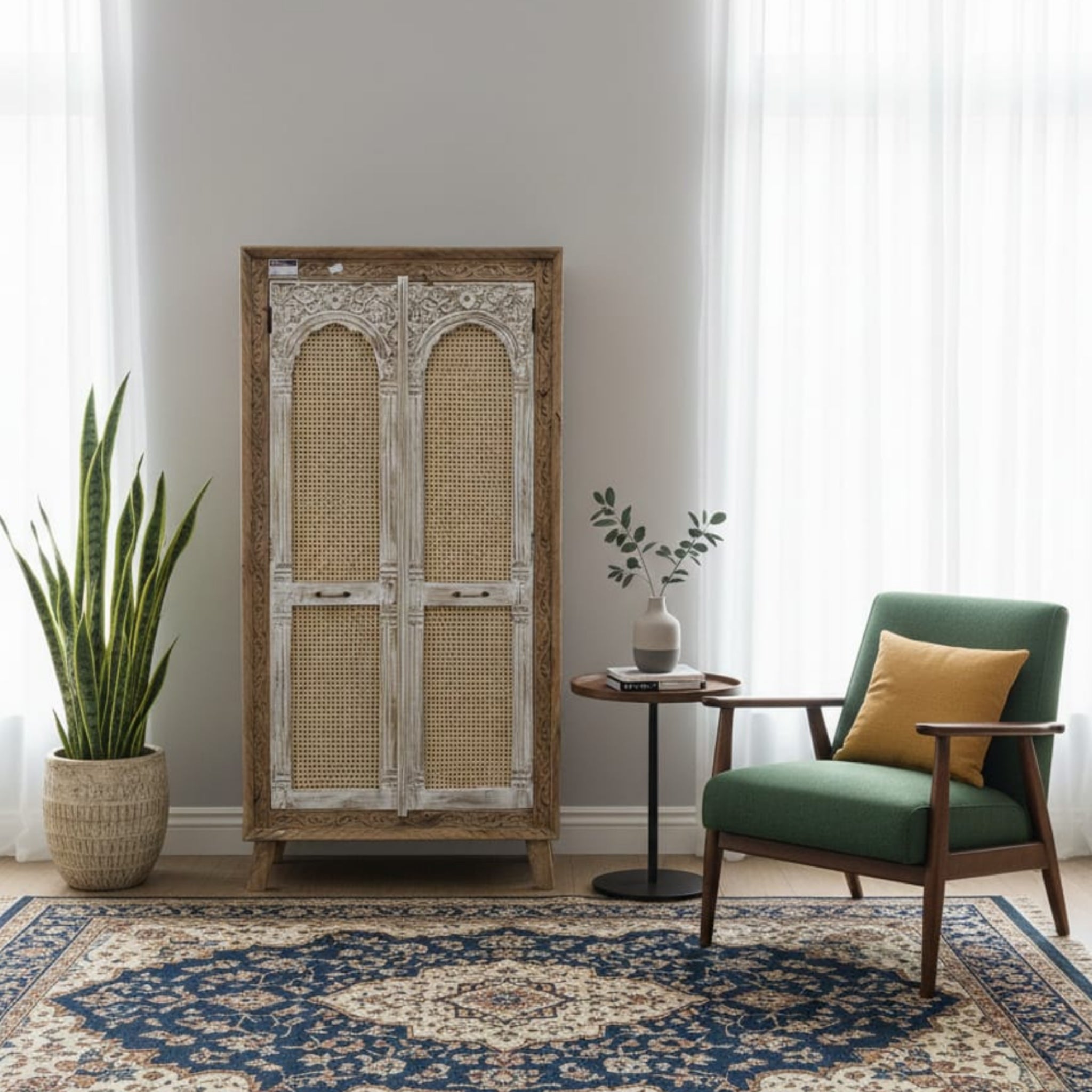 Hand-Carved Wood &amp; Rattan Wardrobe