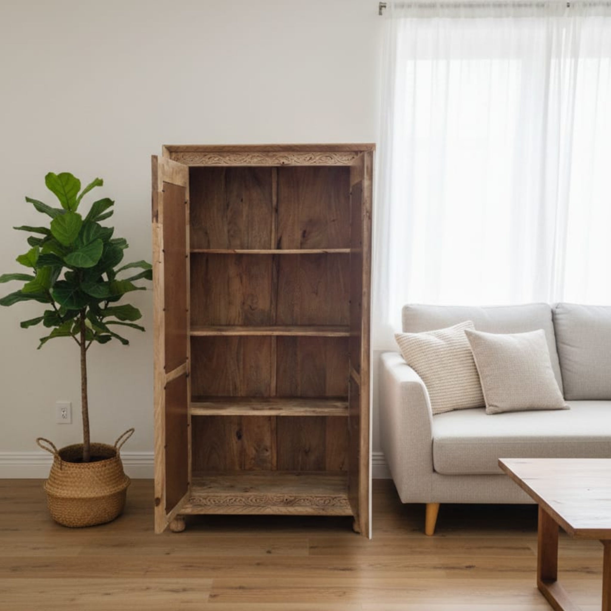 Hand-Carved Wood &amp; Rattan Wardrobe