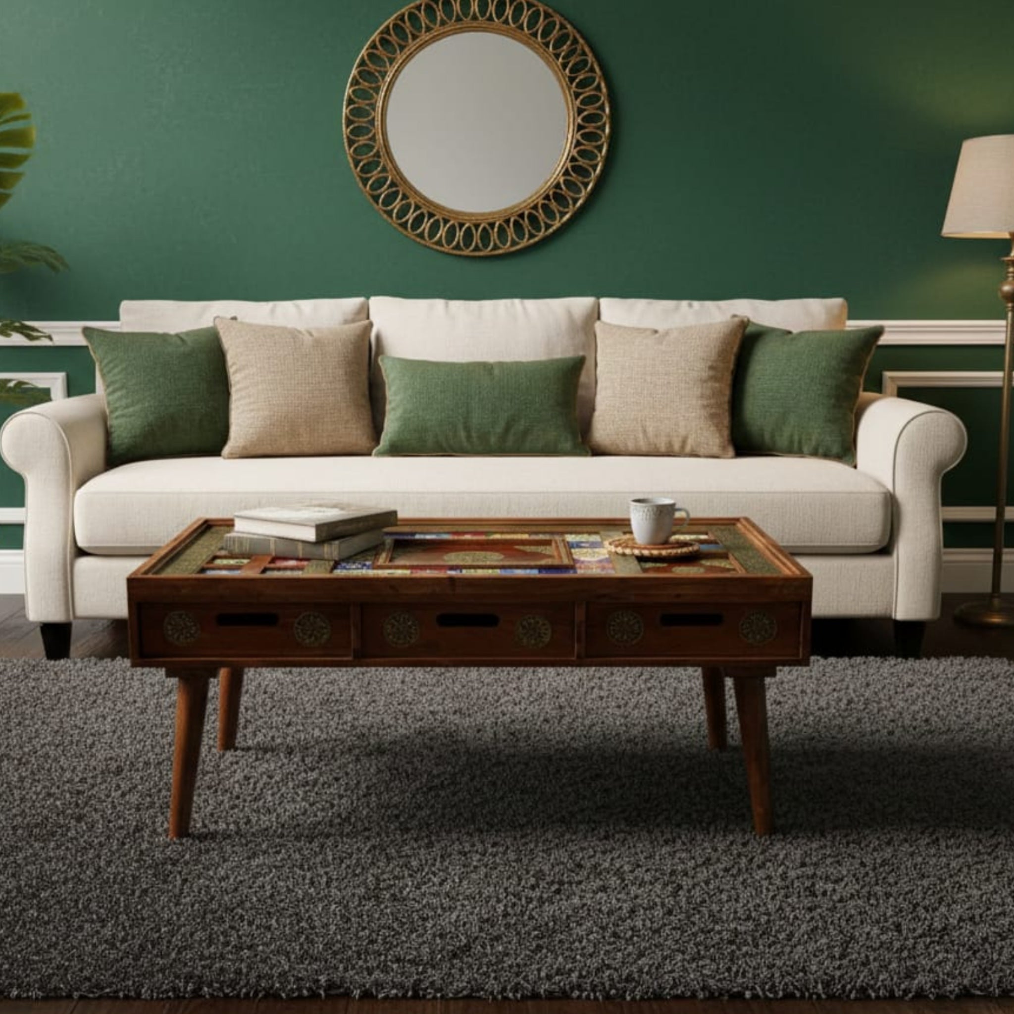 Brass and Tile-Inlay Carved Coffee Table