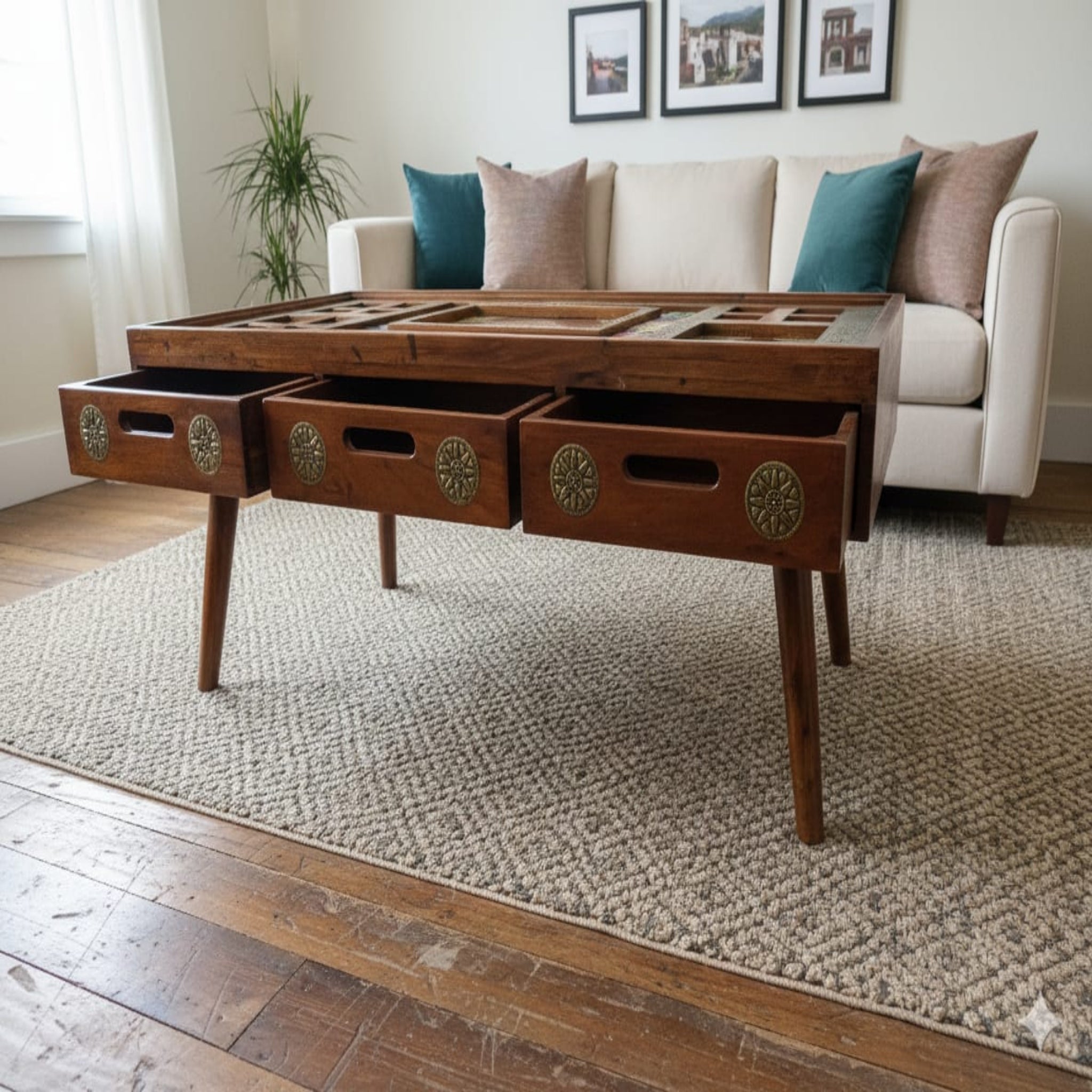 Brass and Tile-Inlay Carved Coffee Table