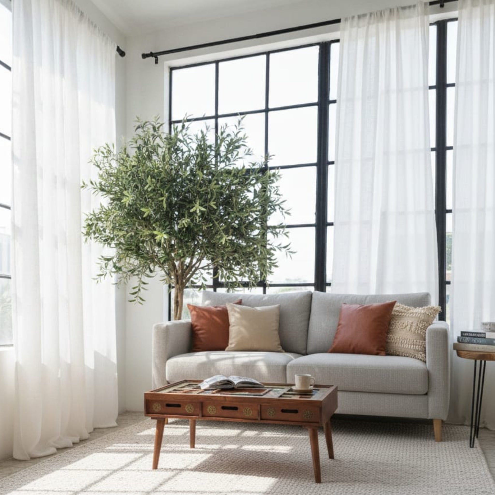 Brass and Tile-Inlay Carved Coffee Table