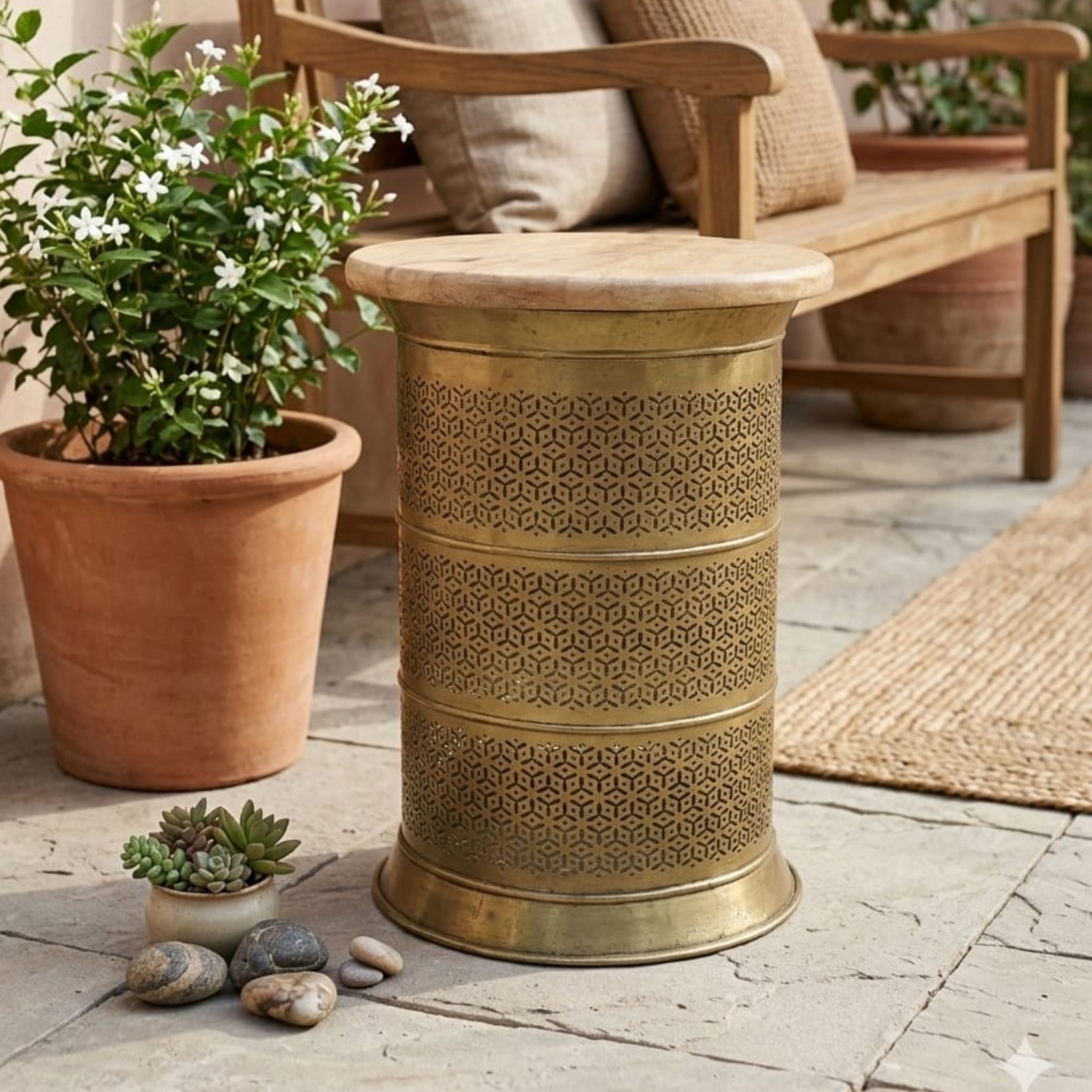 Brass Lattice Flower Stand With Mango Wood Top