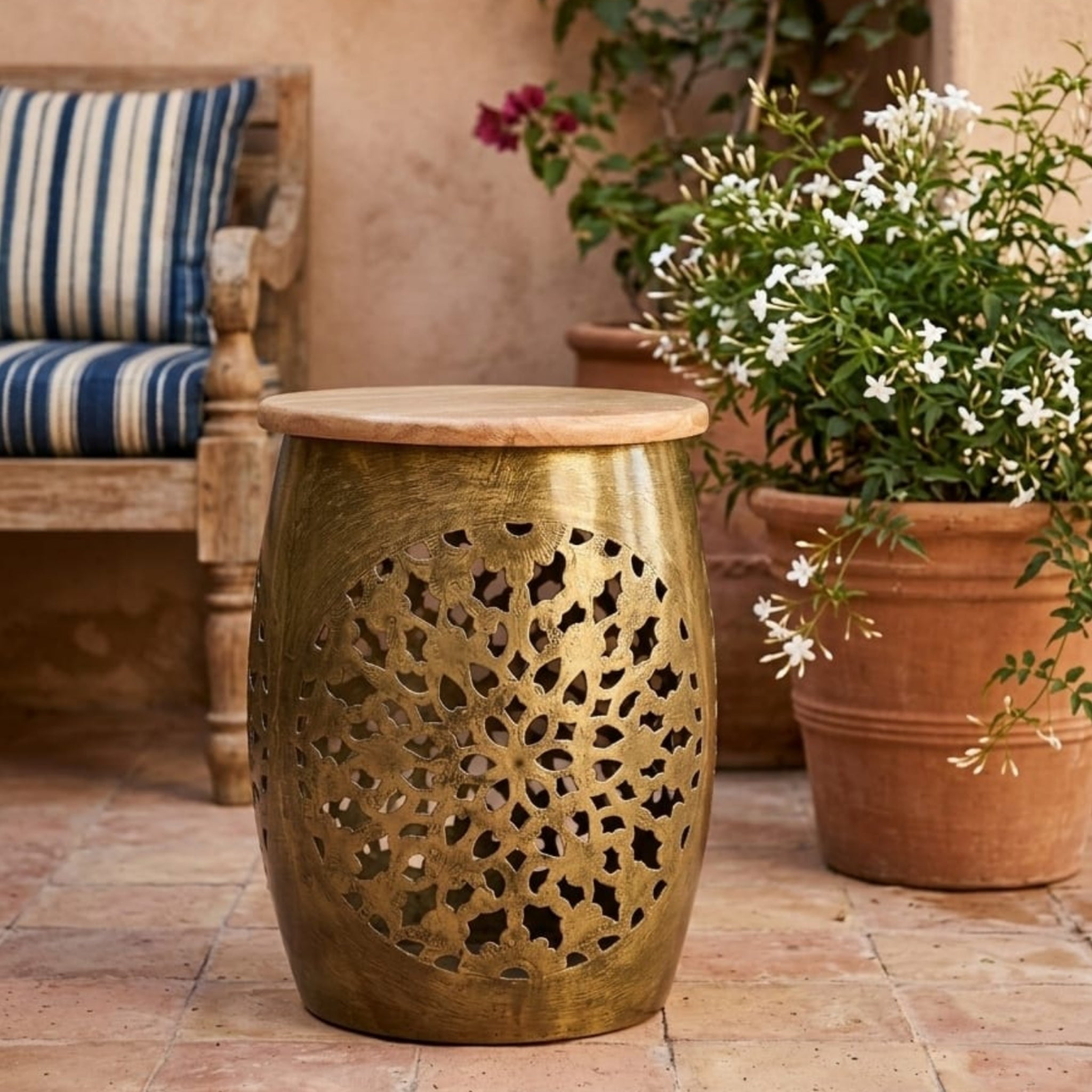 Brass Filigree Flower Stand with Mango Wood Top